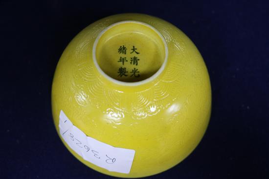 A Chinese yellow ground bowl, Guangxu mark and period, restored